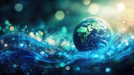 Abstract representation of a glowing blue and green Earth, surrounded by vibrant waves and bokeh lights, symbolizing nature and technology.