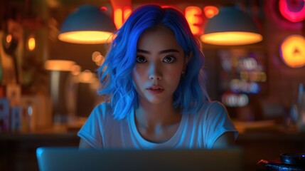 Naklejka premium A young woman with blue hair and a white t-shirt sitting in a dimly lit room with a laptop.