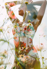 A serene woman is surrounded by blooming flowers, symbolizing tranquility and nature beauty. The image reflects themes of human connection to the environment, rebirth, and personal growth.