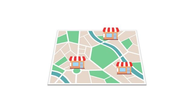 4K video Map Footage with Map and store building Pin Location on White Screen Background. 4k video animated store Location in Paper Street Map