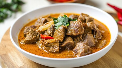 Gulai daging kambing is a popular Indonesian dish of beef curry from Padang, West Sumatra. goat curry spicy stew closeup culinary food photo