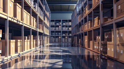 Obraz premium A large warehouse filled with neatly stacked boxes, pallets, and crates, showcasing efficient storage and logistics operations...