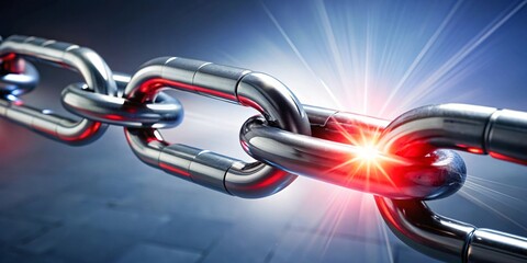 Obraz premium Strong Metal Chain Link with Glowing Center. A close-up image of a metallic chain with a central link highlighted by a bright, red glowing effect. 