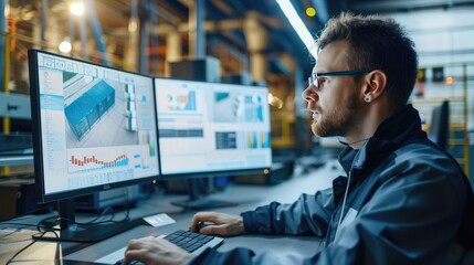 A logistics manager tracks a fleet of trucks using a computer, monitoring routes and shipments in a dimly lit office...
