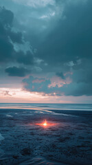 A solitary fire flickers on the sandy beach, casting a warm glow against the backdrop of a breathtaking sunset and a vast, moody sky.