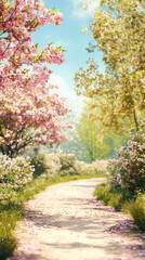 Naklejka premium A Serene Path Through Spring's Embrace, Petals Drifting Like Wishes on the Breeze
