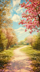 Fototapeta premium A Serene Path Through Spring's Embrace, Where Blossoms Carpet the Ground and Sunbeams Dance