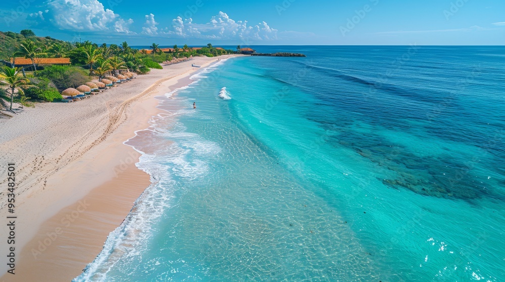 Wall mural aerial view of a pristine white sandy beach with crystal clear turquoise waters, gentle waves lappin