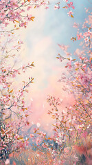 Fototapeta premium A Dreamy Garden: Delicate Cherry Blossoms in Full Bloom, Swirling Petals Dancing in the Air, a Pastel Symphony of Springtime Delight.