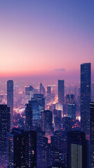 Obraz premium A symphony of lights paints the urban canvas as dusk settles on a modern metropolis, casting a spellbinding glow over towering skyscrapers.
