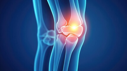 Anatomical image of a knee joint with a highlighted pain zone, against a contrasting blue background