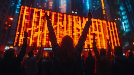 Crowd Celebrating in Front of a Digital Screen Generative AI