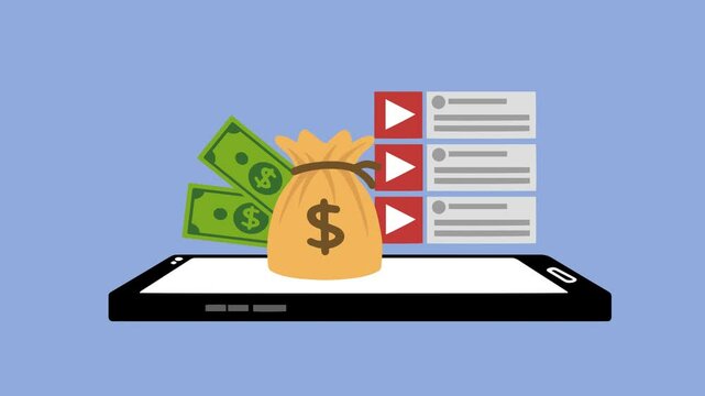 Animated Infographic to Monetize Video Content Footage with people as viewers, smartphones and money. Monetize content video and earn money from Online. People watching Video contents and make revenue