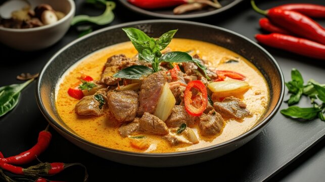 Gulai daging kambing is a popular Indonesian dish of beef curry from Padang, West Sumatra. goat curry spicy stew closeup culinary food photo