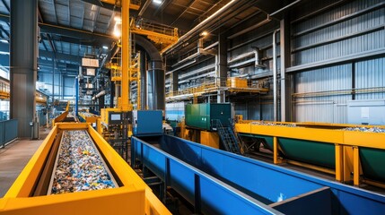 A spacious recycling plant equipped with conveyor belts and sorting machines, processing and sorting materials under bright industrial lighting...