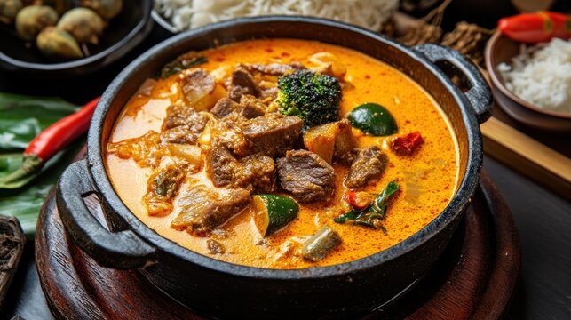 Gulai daging kambing is a popular Indonesian dish of beef curry from Padang, West Sumatra. goat curry spicy stew closeup culinary food photo