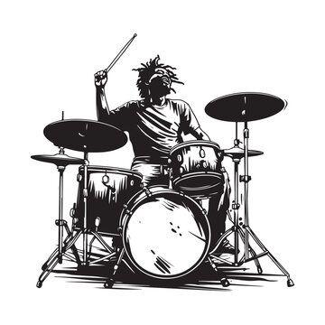 drummer playing drums black and white