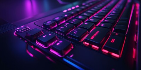 A backlit keyboard with pink and blue lighting.