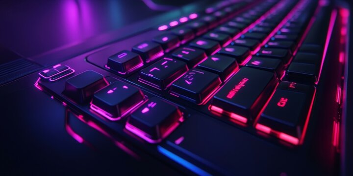 A backlit keyboard with pink and blue lighting.