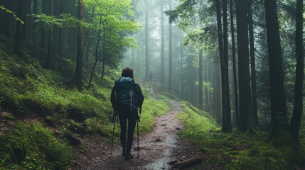 Obraz premium Two hikers trek through a misty forest on a narrow trail, surrounded by tall trees and lush greenery, embodying an adventurous and serene outdoor experience...