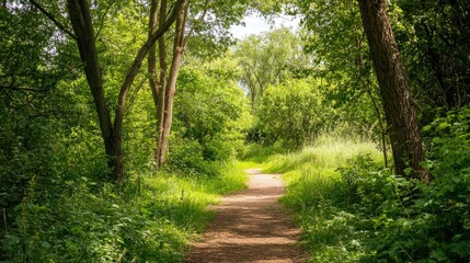 Fototapeta premium A picturesque dirt pathway winds through lush green hills and countryside under a bright sky with scattered clouds, offering a peaceful nature escape...