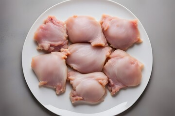 A selection of raw chicken thighs bone in arranged on a white plate, AI Generated