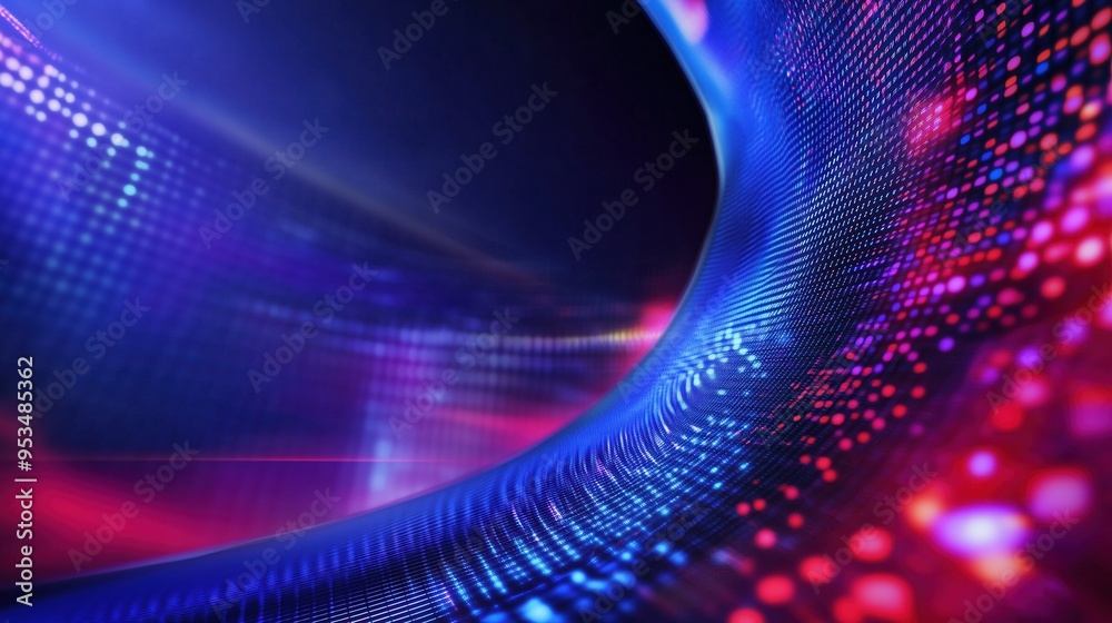 Aufkleber Curved wave of pixelated data in a grid pattern with glowing blue and red lights on a dark abstract background, illustrating a digital technology concept. This design captures the essence of modern da