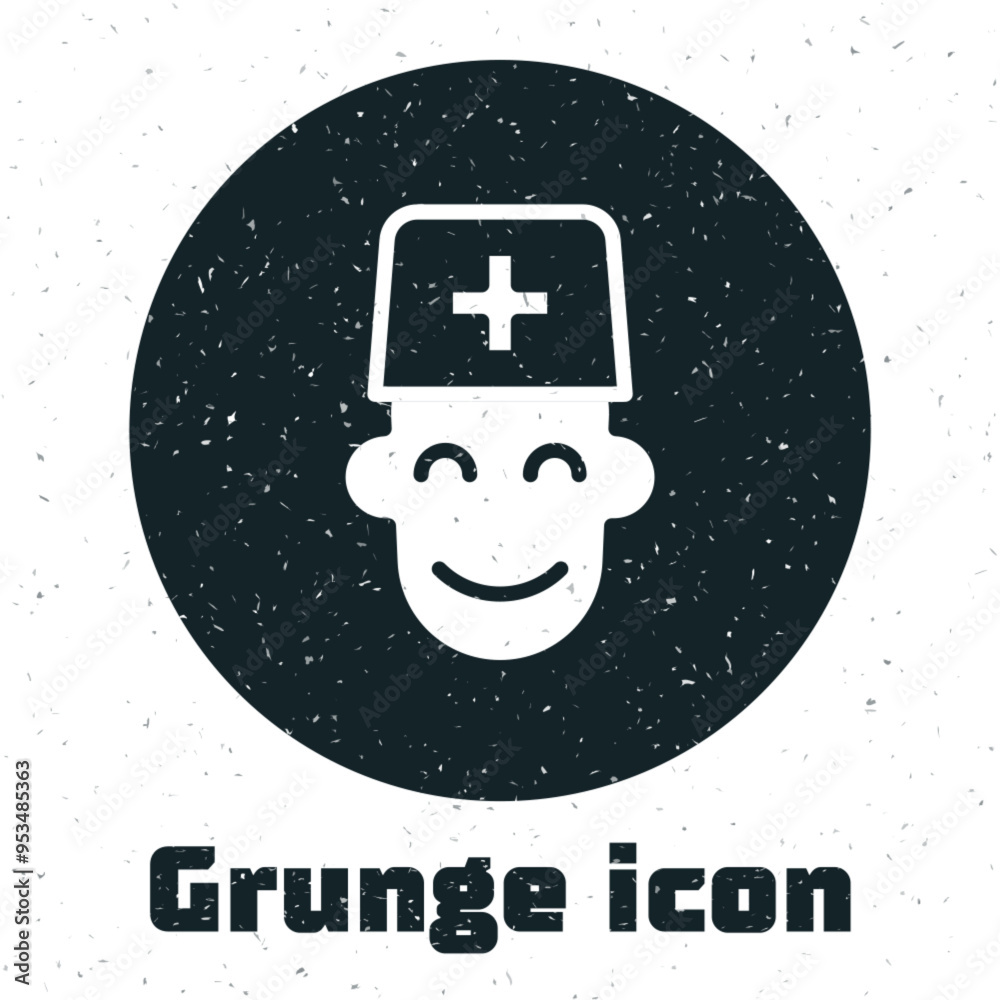 Poster grunge male doctor icon isolated on white background. monochrome vintage drawing. vector