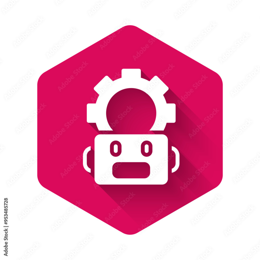 Poster White Robot setting icon isolated with long shadow background. Artificial intelligence, machine learning, cloud computing. Pink hexagon button. Vector