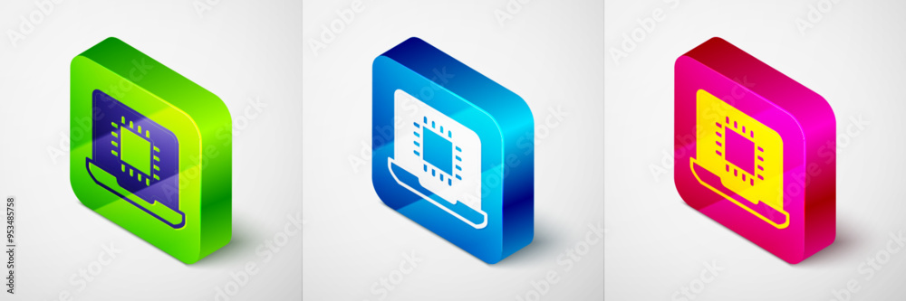 Poster Isometric Computer processor with microcircuits CPU icon isolated on grey background. Chip or cpu with circuit board. Micro processor. Square button. Vector