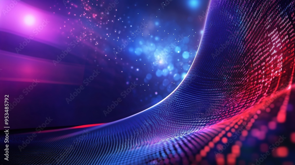 Aufkleber Curved wave of pixelated data in a grid pattern with glowing blue and red lights on a dark abstract background, illustrating a digital technology concept. This design captures the essence of modern da