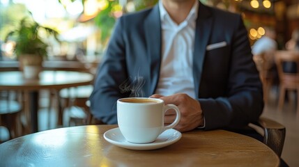 A cup of coffee with latte art sits on a table in a stylish cafe, with a businessman in a suit blurred in the background, creating a sophisticated atmosphere...