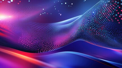 Obraz premium Curved wave of pixelated data in a grid pattern with glowing blue and red lights on a dark abstract background, illustrating a digital technology concept. This design captures the essence of modern da