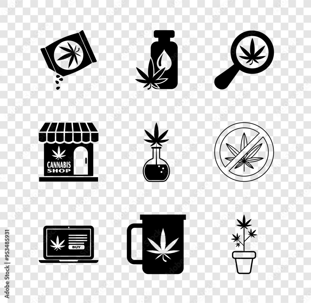 Wall mural Set Marijuana or cannabis seeds, leaf oil, Magnifying glass and marijuana, Online buying, Cup tea with, plant pot, store and Test tube icon. Vector