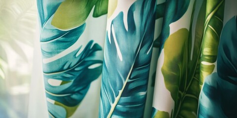 Close-up of teal and green leaf fabric.