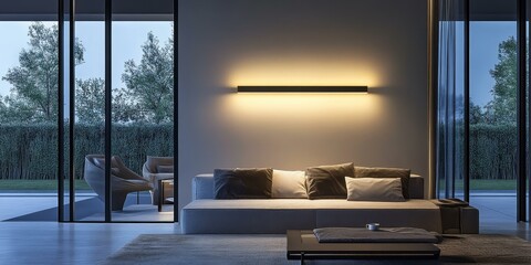 Fototapeta premium Modern living room with couch, coffee table, and window view.