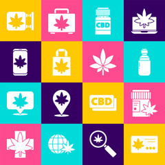 Set Calendar and marijuana leaf, Medical bottle with, Marijuana or cannabis olive oil, Shopping paper bag of, Mobile, store and icon. Vector