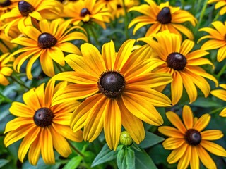 Vibrant yellow petals with dark centers bloom on slender stems amidst lush green foliage, showcasing the bright and cheerful beauty of Black-Eyed Susans.