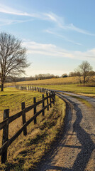 A winding, gravel road leads through a serene countryside, framed by a rustic wooden fence and golden fields bathed in the warm glow of the afternoon sun.