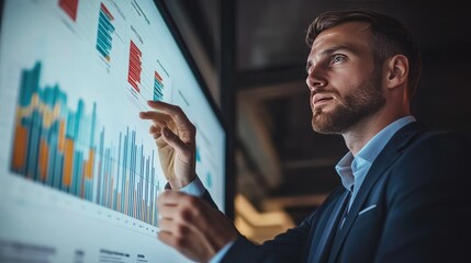 A business professional in suit presents data analytics on large screen during meeting using tablet for reference The scene highlight corporate strategy data-driven and professional communication