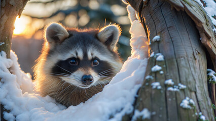 Raccoon Peeking Through Snowy Tree Hollow at Winter Sunrise in Forest