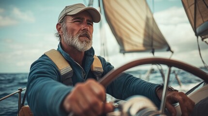 A seasoned sailor with a focused expression skillfully steers a sailboat on the open sea, showcasing expertise and adventure..