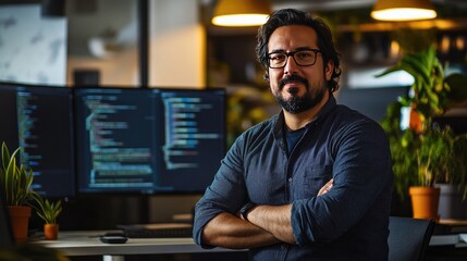 Fototapeta premium A confident software developer with glasses stands in a modern office environment, arms crossed, with computer code visible on dual monitors..