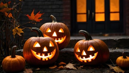 Obraz premium A cozy Halloween scene featuring glowing orange pumpkins, flickering candles, and autumn leaves scattered across a wooden porch. Warm light casts soft shadows, enhancing the rustic textures 