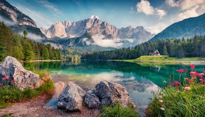 Colorful summer view of Fussiness lake. Bright morning scene of Julian Alps with Mangart peak  background, Province, Italy, Europe. Traveling concept background.