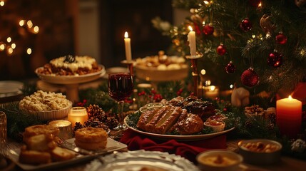 Naklejka premium A beautifully decorated Christmas dinner table with festive dishes, candlelight, and holiday decorations, creating a warm and cozy atmosphere..