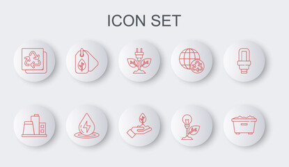 Set line Trash can, Factory, Electric saving plug in leaf, Light bulb with, Recycle, Tag, Water energy and Plant hand icon. Vector