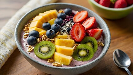A vibrant smoothie bowl filled with fresh fruits like banana, mango, kiwi, strawberries, and blueberries, topped with chia seeds, granola, and honey, offering a delicious, nutritious start to the day.