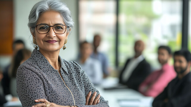 Portrait of a confident senior business woman | Professional Indian experienced Businesswoman in office meeting room | Business woman in office meeting room