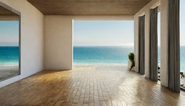 Fototapeta Luxury empty room interior villa with wooden floor, aerial sea view summer holiday and sky, ocean see 